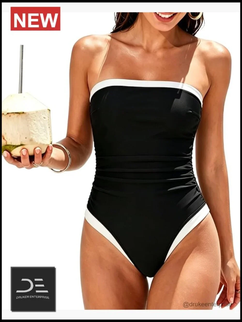 Tummy Control One Piece Swimsuit Strapless Bandeau Bathing Suit with Removable